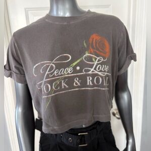 Peace Love Rock & Roll Cropped Graphic Tee - Gray with Red Rose